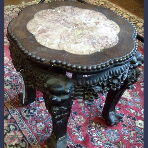 Antique Chinese carved hardwood rose colored marble top taboret stand table 