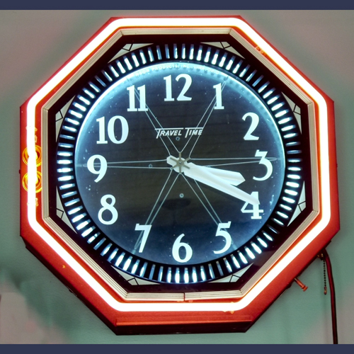 Vintage Neon Products ,Lima Ohio Clock ,Travel time with motion wheel
