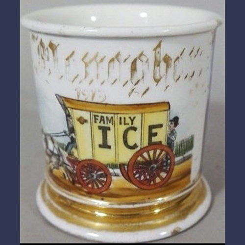 Antique porcelain hand painted shaving mug for barbershop . The Ice delivery man’s personal mug