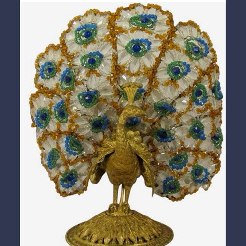 Art Deco Czechoslovakian glass  beaded jeweled Peacock lamp