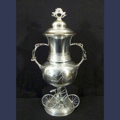 Antique Monumental sterling silver bicycle race figural trophy 