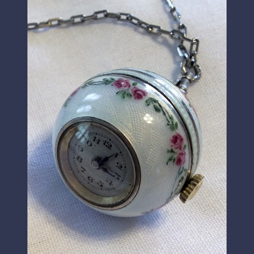 Sterling Silver and Enameled ladies ball watch necklace