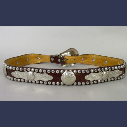 Sterling Silver vintage cowboy belt . Embossed leather with sterling studs and engraved plaques